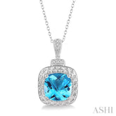 10x10 MM Cushion Shape Blue Topaz and 1/50 Ctw Round Cut Diamond Semi-Precious Pendant With Chain in Sterling Silver