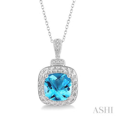 10x10 MM Cushion Shape Blue Topaz and 1/50 Ctw Round Cut Diamond Semi-Precious Pendant With Chain in Sterling Silver 10x10 MM Cushion Shape Blue Topaz and 1/50 Ctw Round Cut Diamond Semi-Precious Pendant With Chain in Sterling Silver