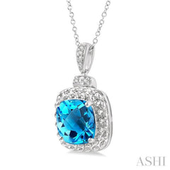 10x10 MM Cushion Shape Blue Topaz and 1/50 Ctw Round Cut Diamond Semi-Precious Pendant With Chain in Sterling Silver 10x10 MM Cushion Shape Blue Topaz and 1/50 Ctw Round Cut Diamond Semi-Precious Pendant With Chain in Sterling Silver