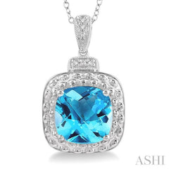 10x10 MM Cushion Shape Blue Topaz and 1/50 Ctw Round Cut Diamond Semi-Precious Pendant With Chain in Sterling Silver 10x10 MM Cushion Shape Blue Topaz and 1/50 Ctw Round Cut Diamond Semi-Precious Pendant With Chain in Sterling Silver