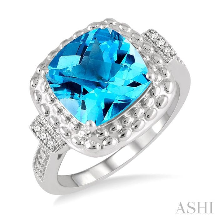 10x10 MM Cushion Shape Blue Topaz and 1/50 Ctw Round Cut Diamond Semi-Precious Ring in Sterling Silver 10x10 MM Cushion Shape Blue Topaz and 1/50 Ctw Round Cut Diamond Semi-Precious Ring in Sterling Silver
