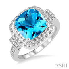 10x10 MM Cushion Shape Blue Topaz and 1/50 Ctw Round Cut Diamond Semi-Precious Ring in Sterling Silver 10x10 MM Cushion Shape Blue Topaz and 1/50 Ctw Round Cut Diamond Semi-Precious Ring in Sterling Silver