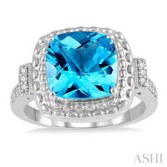 10x10 MM Cushion Shape Blue Topaz and 1/50 Ctw Round Cut Diamond Semi-Precious Ring in Sterling Silver 10x10 MM Cushion Shape Blue Topaz and 1/50 Ctw Round Cut Diamond Semi-Precious Ring in Sterling Silver