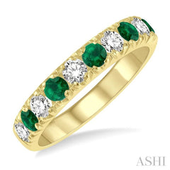 2.9 MM Emerald and 1/2 Ctw Round Cut Diamond Precious Wedding Band in 14K Yellow Gold 2.9 MM Emerald and 1/2 Ctw Round Cut Diamond Precious Wedding Band in 14K Yellow Gold