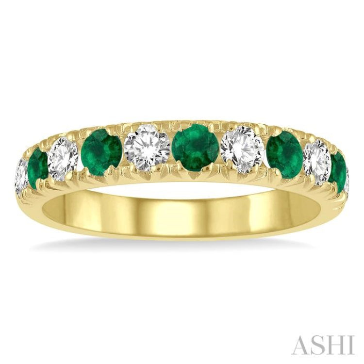 2.9 MM Emerald and 1/2 Ctw Round Cut Diamond Precious Wedding Band in 14K Yellow Gold 2.9 MM Emerald and 1/2 Ctw Round Cut Diamond Precious Wedding Band in 14K Yellow Gold