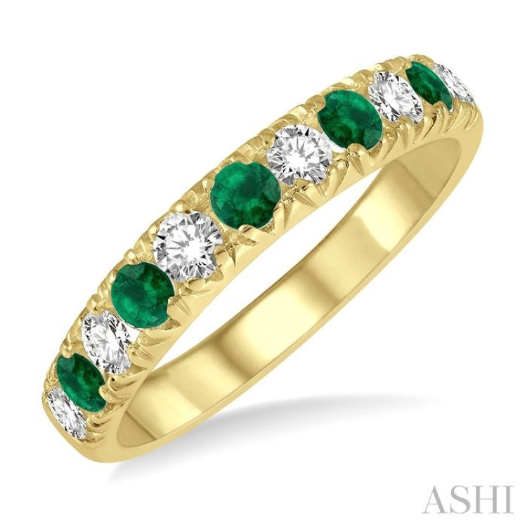 2.6 MM Emerald and 3/8 Ctw Round Cut Diamond Precious Wedding Band in 14K Yellow Gold 2.6 MM Emerald and 3/8 Ctw Round Cut Diamond Precious Wedding Band in 14K Yellow Gold