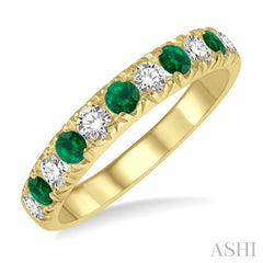 2.6 MM Emerald and 3/8 Ctw Round Cut Diamond Precious Wedding Band in 14K Yellow Gold 2.6 MM Emerald and 3/8 Ctw Round Cut Diamond Precious Wedding Band in 14K Yellow Gold