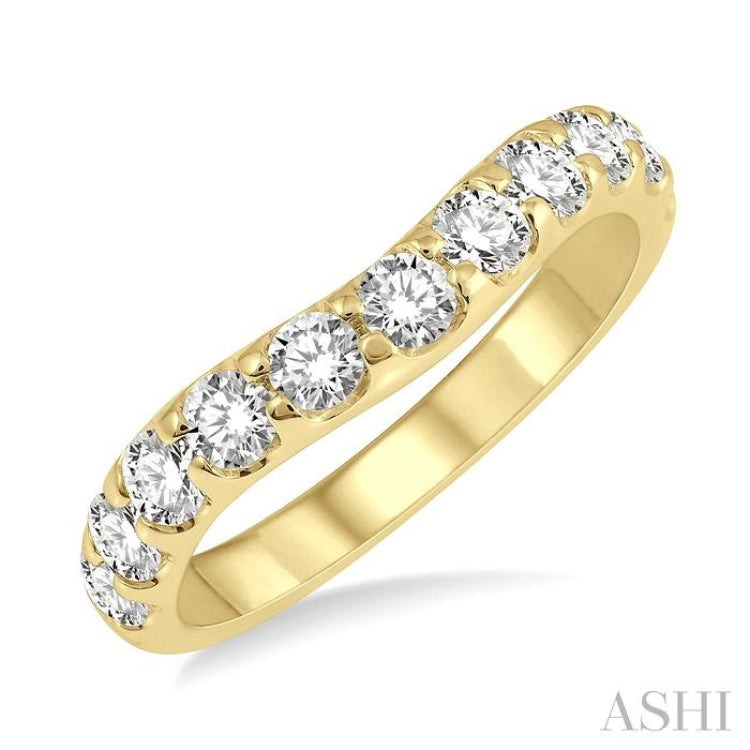 1 ctw Arched Center Round Cut Diamond Wedding Band in 14K Yellow Gold 1 ctw Arched Center Round Cut Diamond Wedding Band in 14K Yellow Gold