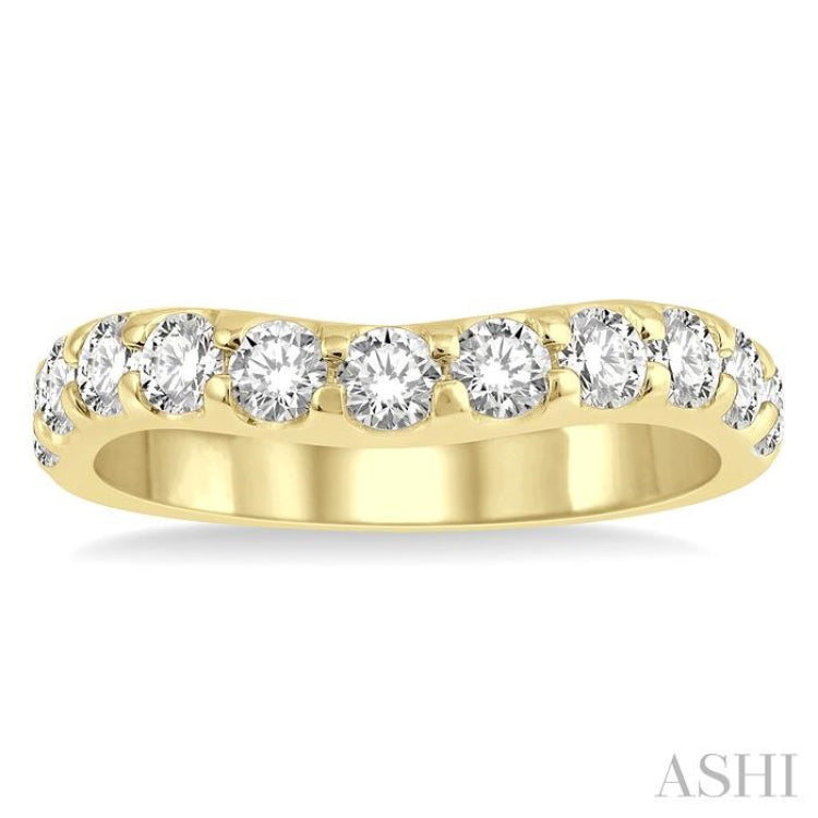 1 ctw Arched Center Round Cut Diamond Wedding Band in 14K Yellow Gold 1 ctw Arched Center Round Cut Diamond Wedding Band in 14K Yellow Gold