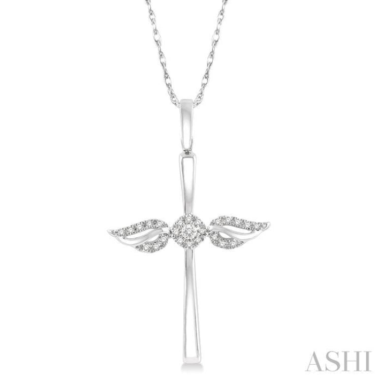 1/10 Ctw Angel Wing Round Cut Diamond Cross Petite Pendant With Chain in 10K White Gold 1/10 Ctw Angel Wing Round Cut Diamond Cross Petite Pendant With Chain in 10K White Gold