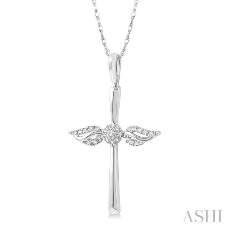 1/10 Ctw Angel Wing Round Cut Diamond Cross Petite Pendant With Chain in 10K White Gold 1/10 Ctw Angel Wing Round Cut Diamond Cross Petite Pendant With Chain in 10K White Gold