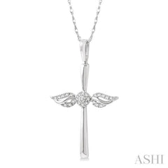 1/10 Ctw Angel Wing Round Cut Diamond Cross Petite Pendant With Chain in 10K White Gold 1/10 Ctw Angel Wing Round Cut Diamond Cross Petite Pendant With Chain in 10K White Gold