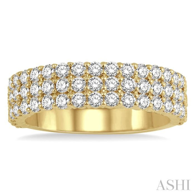 1 1/4 ctw Triple Row Round Cut Diamond Wedding Band in 14K Yellow Gold 1 1/4 ctw Triple Row Round Cut Diamond Wedding Band in 14K Yellow Gold