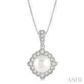 7 MM Cultured Pearl and 1/5 Ctw Round Cut Diamond Halo Pendant With Chain in 10K White Gold