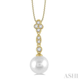 8 MM Cultured Pearl and 1/6 Ctw Floral Dangler Round Cut Diamond Pendant With Chain in 14K Yellow Gold