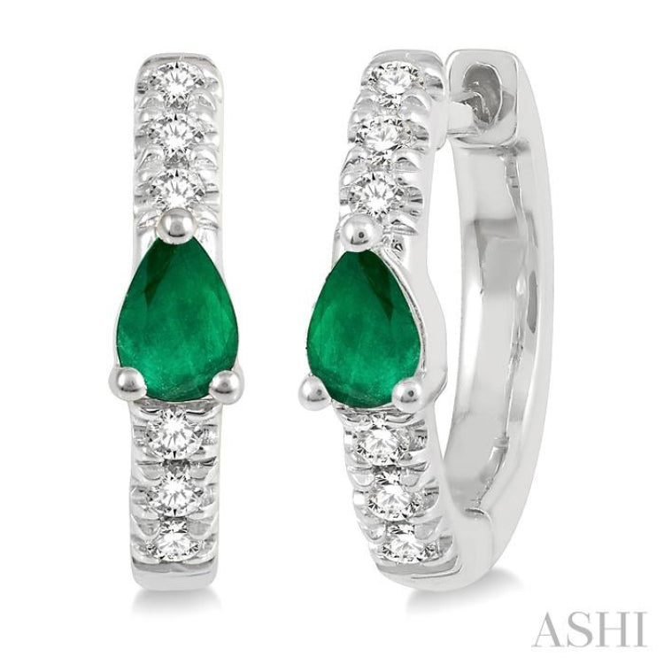 4X3 MM Pear Cut Emerald and 1/10 Ctw Round Cut Diamond Petite Huggie Earrings in 10K White Gold 4X3 MM Pear Cut Emerald and 1/10 Ctw Round Cut Diamond Petite Huggie Earrings in 10K White Gold