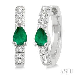 4X3 MM Pear Cut Emerald and 1/10 Ctw Round Cut Diamond Petite Huggie Earrings in 10K White Gold 4X3 MM Pear Cut Emerald and 1/10 Ctw Round Cut Diamond Petite Huggie Earrings in 10K White Gold