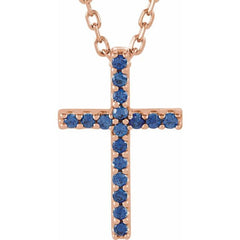 14K Rose Natural Blue Sapphire Petite Cross 16" Necklace 14K Rose Natural Blue Sapphire Petite Cross 16" Necklace