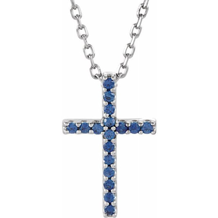 14K White Natural Blue Sapphire Petite Cross 16" Necklace 14K White Natural Blue Sapphire Petite Cross 16" Necklace