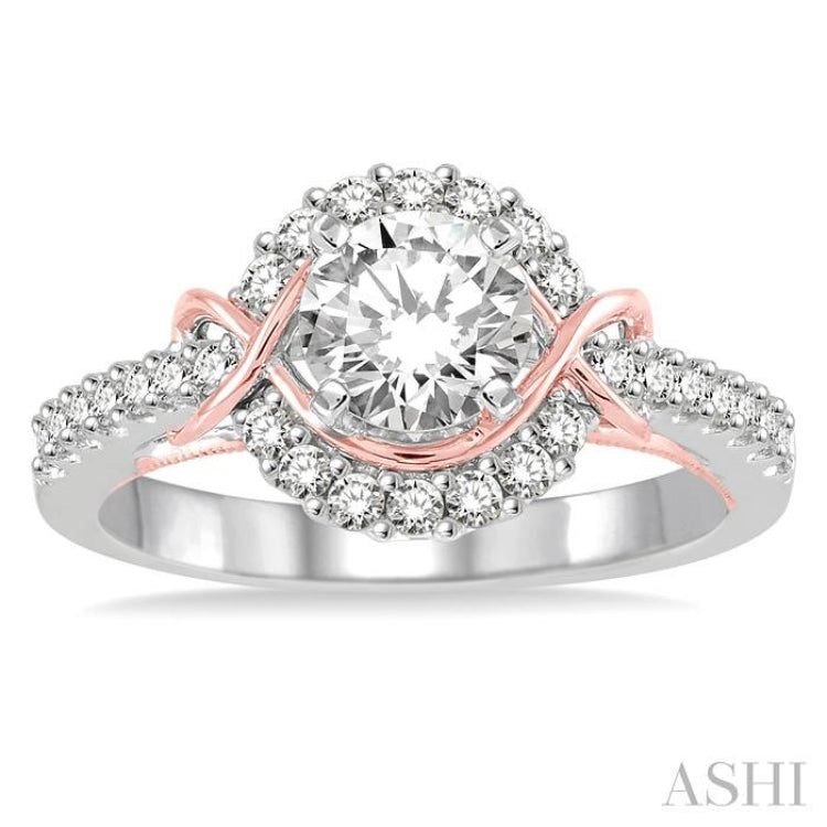 1 1/10 ctw Diamond Engagement Ring with 3/4 ct Round Cut Center Stone in 14K White and Rose Gold 1 1/10 ctw Diamond Engagement Ring with 3/4 ct Round Cut Center Stone in 14K White and Rose Gold