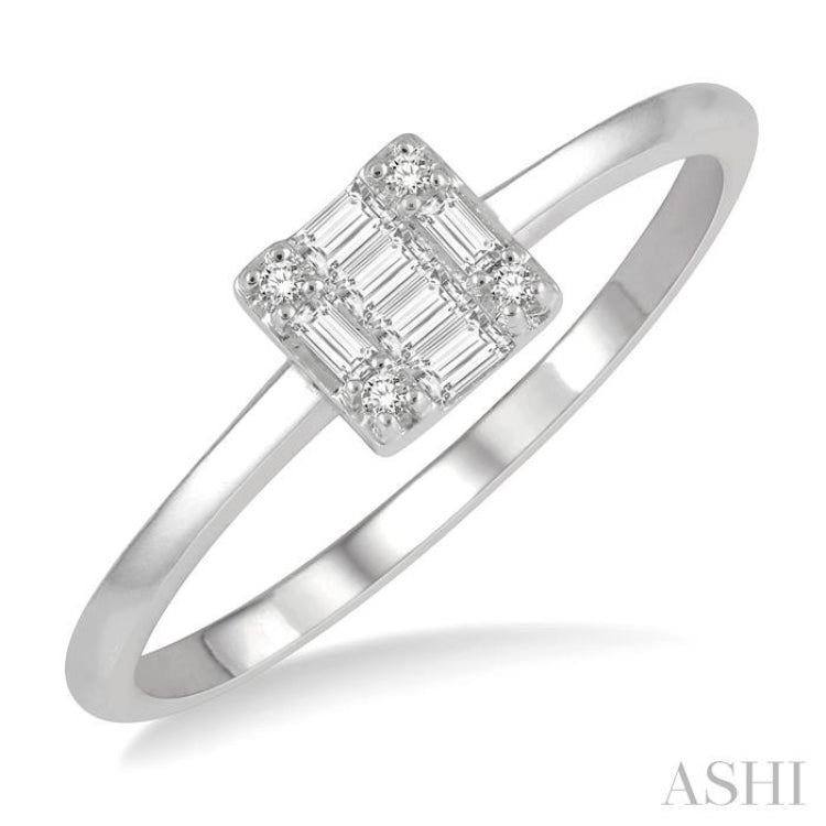 1/8 Ctw Square Shape Baguette and Round Cut Diamond Petite Fashion Ring in 10K White Gold 1/8 Ctw Square Shape Baguette and Round Cut Diamond Petite Fashion Ring in 10K White Gold