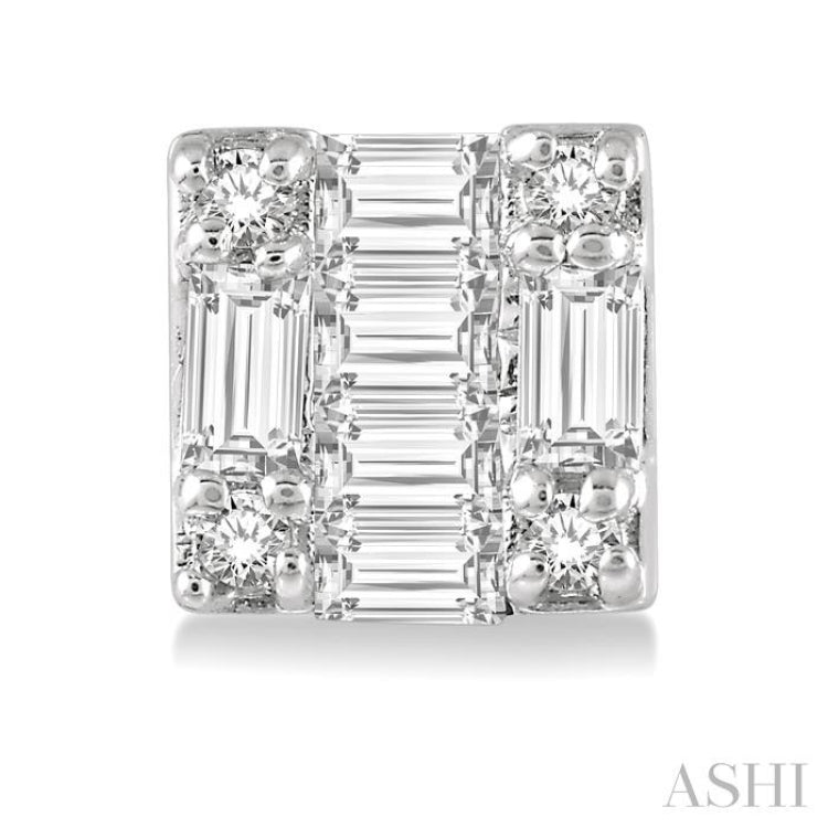 1/6 Ctw Square Shape Baguette and Round Cut Diamond Petite Fashion Earring in 10K White Gold. 1/6 Ctw Square Shape Baguette and Round Cut Diamond Petite Fashion Earring in 10K White Gold.