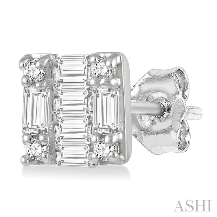 1/6 Ctw Square Shape Baguette and Round Cut Diamond Petite Fashion Earring in 10K White Gold. 1/6 Ctw Square Shape Baguette and Round Cut Diamond Petite Fashion Earring in 10K White Gold.