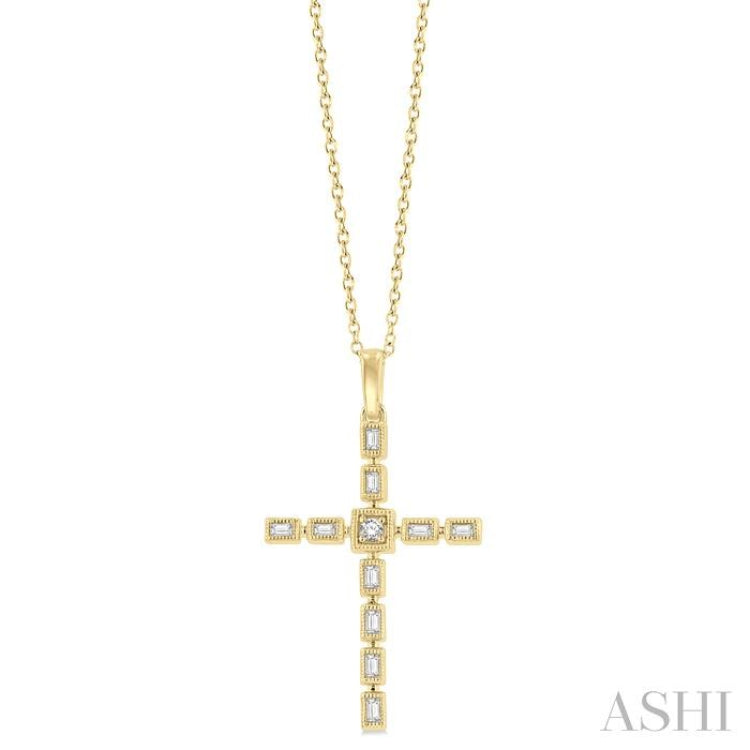 1/5 Ctw Baguette and Round Cut Diamond Cross Pendant With Chain in 10K Yellow Gold 1/5 Ctw Baguette and Round Cut Diamond Cross Pendant With Chain in 10K Yellow Gold