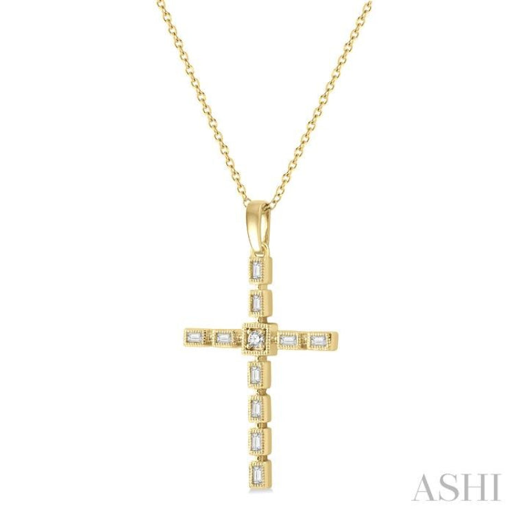 1/5 Ctw Baguette and Round Cut Diamond Cross Pendant With Chain in 10K Yellow Gold 1/5 Ctw Baguette and Round Cut Diamond Cross Pendant With Chain in 10K Yellow Gold