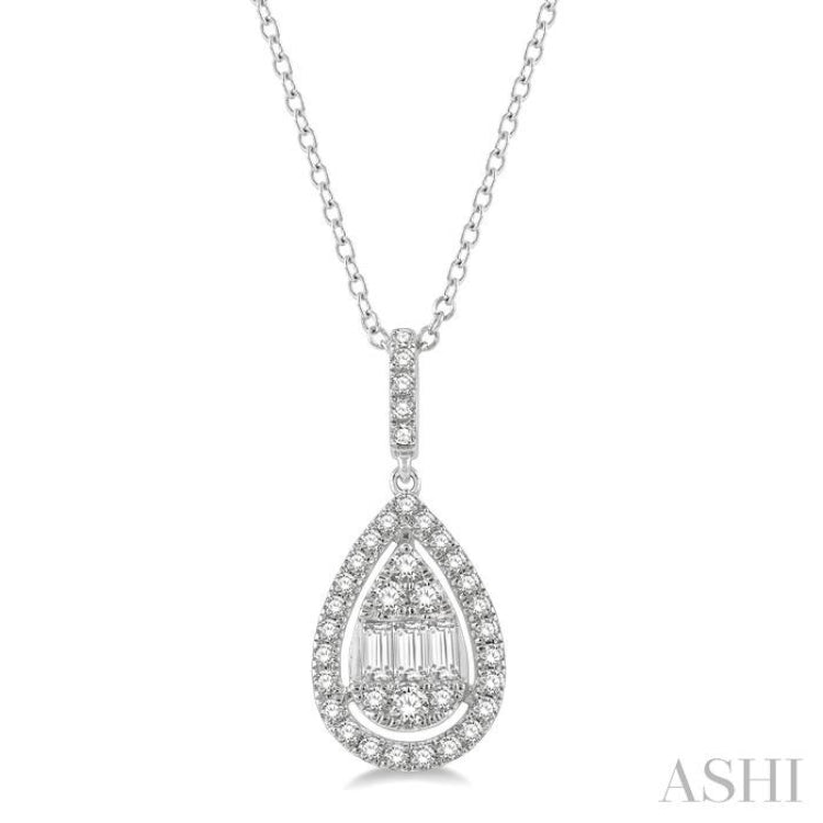 1/3 Ctw Pear Shape Halo Baguette and Round Cut Diamond Fusion Pendant With Chain in 14K White Gold 1/3 Ctw Pear Shape Halo Baguette and Round Cut Diamond Fusion Pendant With Chain in 14K White Gold