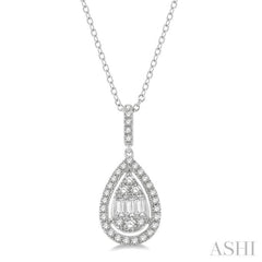 1/3 Ctw Pear Shape Halo Baguette and Round Cut Diamond Fusion Pendant With Chain in 14K White Gold 1/3 Ctw Pear Shape Halo Baguette and Round Cut Diamond Fusion Pendant With Chain in 14K White Gold