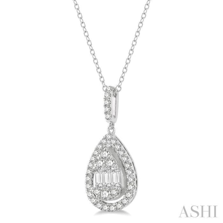 1/3 Ctw Pear Shape Halo Baguette and Round Cut Diamond Fusion Pendant With Chain in 14K White Gold 1/3 Ctw Pear Shape Halo Baguette and Round Cut Diamond Fusion Pendant With Chain in 14K White Gold