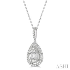 1/3 Ctw Pear Shape Halo Baguette and Round Cut Diamond Fusion Pendant With Chain in 14K White Gold 1/3 Ctw Pear Shape Halo Baguette and Round Cut Diamond Fusion Pendant With Chain in 14K White Gold