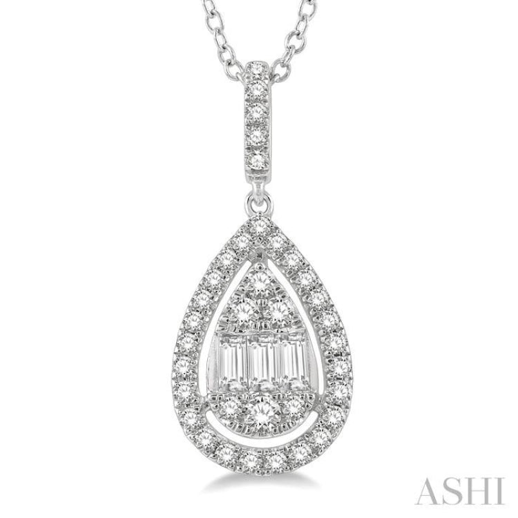 1/3 Ctw Pear Shape Halo Baguette and Round Cut Diamond Fusion Pendant With Chain in 14K White Gold 1/3 Ctw Pear Shape Halo Baguette and Round Cut Diamond Fusion Pendant With Chain in 14K White Gold