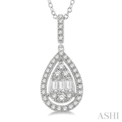 1/3 Ctw Pear Shape Halo Baguette and Round Cut Diamond Fusion Pendant With Chain in 14K White Gold 1/3 Ctw Pear Shape Halo Baguette and Round Cut Diamond Fusion Pendant With Chain in 14K White Gold