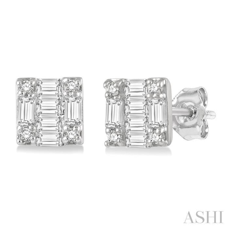1/6 Ctw Square Shape Baguette and Round Cut Diamond Petite Fashion Earring in 14K White Gold. 1/6 Ctw Square Shape Baguette and Round Cut Diamond Petite Fashion Earring in 14K White Gold.