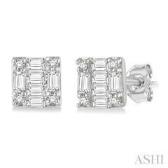 1/6 Ctw Square Shape Baguette and Round Cut Diamond Petite Fashion Earring in 14K White Gold. 1/6 Ctw Square Shape Baguette and Round Cut Diamond Petite Fashion Earring in 14K White Gold.