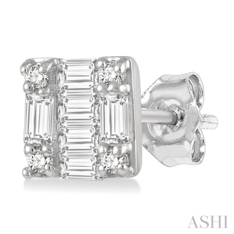 1/6 Ctw Square Shape Baguette and Round Cut Diamond Petite Fashion Earring in 14K White Gold. 1/6 Ctw Square Shape Baguette and Round Cut Diamond Petite Fashion Earring in 14K White Gold.