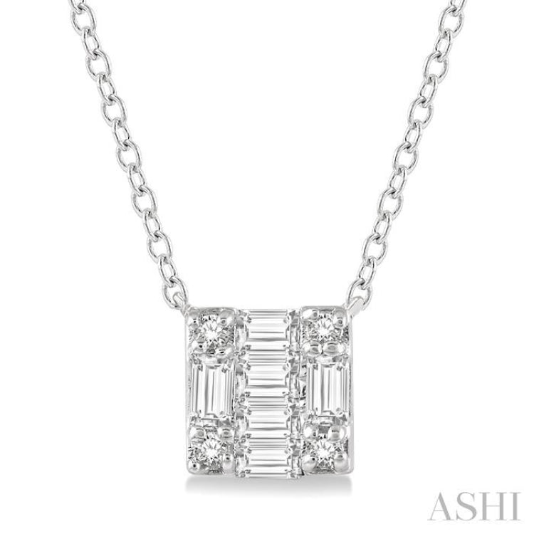1/8 Ctw Square Shape Baguette and Round Cut Diamond Petite Fashion Pendant With Chain in 14KWhite Gold 1/8 Ctw Square Shape Baguette and Round Cut Diamond Petite Fashion Pendant With Chain in 14KWhite Gold