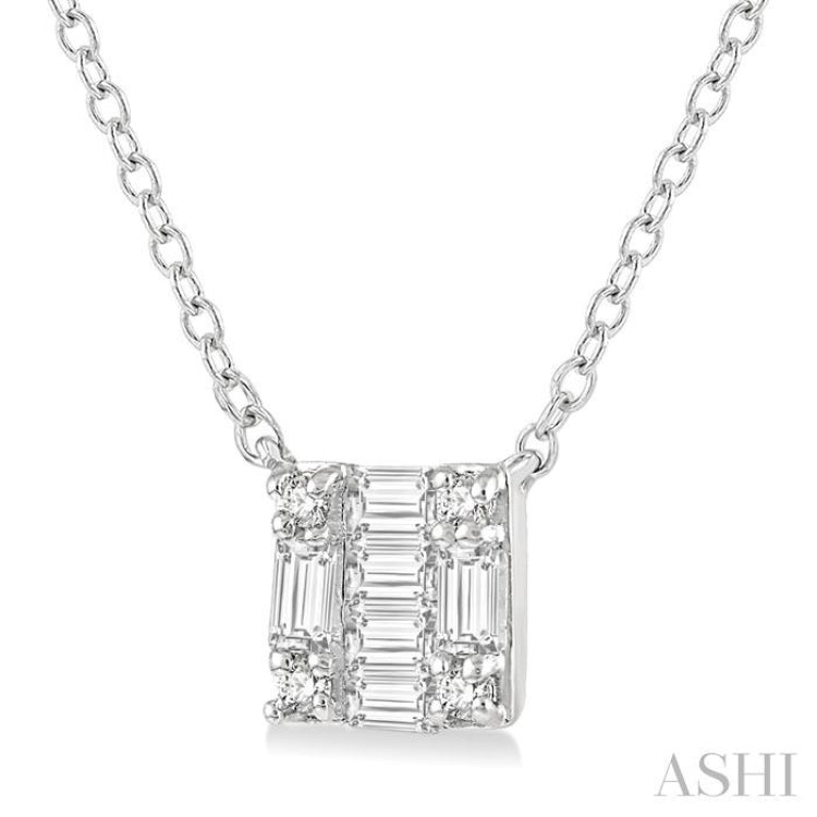 1/8 Ctw Square Shape Baguette and Round Cut Diamond Petite Fashion Pendant With Chain in 14KWhite Gold 1/8 Ctw Square Shape Baguette and Round Cut Diamond Petite Fashion Pendant With Chain in 14KWhite Gold