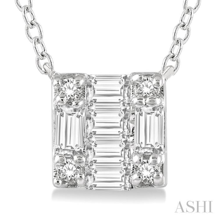 1/8 Ctw Square Shape Baguette and Round Cut Diamond Petite Fashion Pendant With Chain in 14KWhite Gold 1/8 Ctw Square Shape Baguette and Round Cut Diamond Petite Fashion Pendant With Chain in 14KWhite Gold