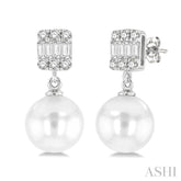 6 MM Cultured Pearls and 1/10 Ctw Baguette and Single Cut Diamond Earrings in 14K White Gold