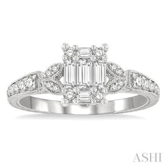 1/2 Ctw Carved Shank Fusion Baguette and Round Cut Diamond Engagement Ring in 14K White Gold 1/2 Ctw Carved Shank Fusion Baguette and Round Cut Diamond Engagement Ring in 14K White Gold