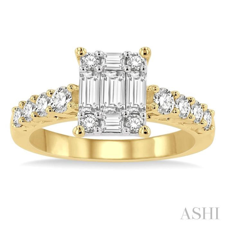 1 Ctw Fusion Baguette and Round Cut Diamond Engagement Ring in 14K Yellow and White gold 1 Ctw Fusion Baguette and Round Cut Diamond Engagement Ring in 14K Yellow and White gold