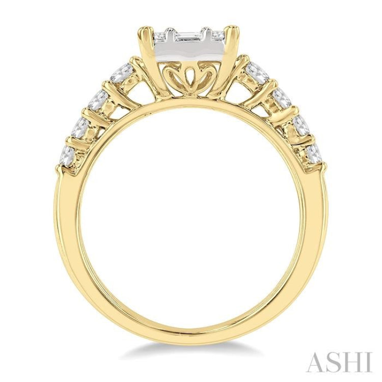 1 Ctw Fusion Baguette and Round Cut Diamond Engagement Ring in 14K Yellow and White gold 1 Ctw Fusion Baguette and Round Cut Diamond Engagement Ring in 14K Yellow and White gold