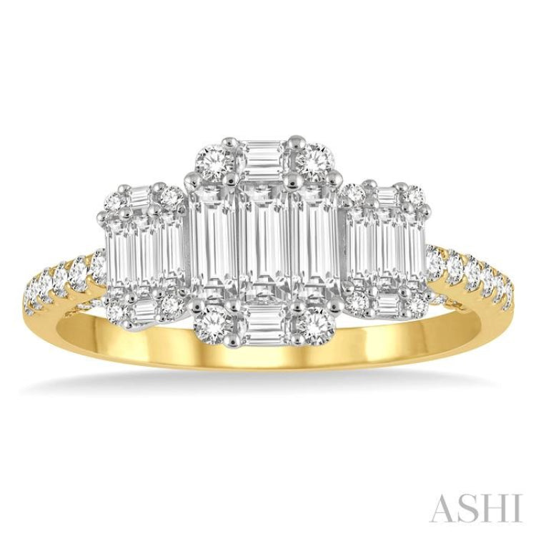 7/8 Ctw Tri-Mount Fusion Baguette and Round Cut Diamond Engagement Ring in 14K Yellow and White gold 7/8 Ctw Tri-Mount Fusion Baguette and Round Cut Diamond Engagement Ring in 14K Yellow and White gold