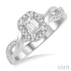 1/2 Ctw Twisted Shank Round & Emerald Cut Diamond Engagement Ring With 1/3 Ctw Emerald Cut Center Stone in 14K White Gold 1/2 Ctw Twisted Shank Round & Emerald Cut Diamond Engagement Ring With 1/3 Ctw Emerald Cut Center Stone in 14K White Gold