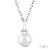 6 MM Round Shape Cultured Pearl and 1/20 Ctw Petite Round Cut Diamond Crown Fashion Pendant With Chain in 10K White Gold