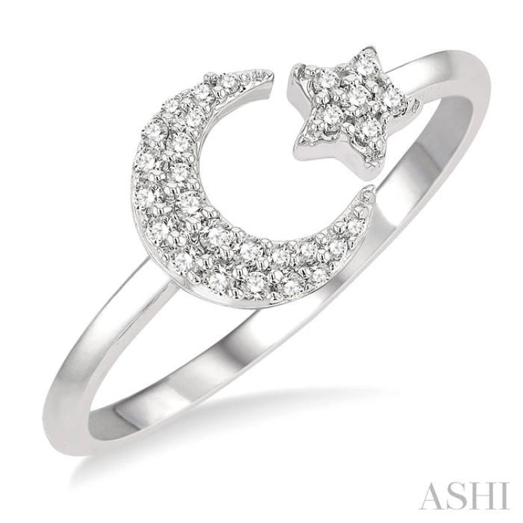 1/6 Ctw Crescent Moon and Star Round Cut Petite Diamond Fashion Ring in 10K White Gold 1/6 Ctw Crescent Moon and Star Round Cut Petite Diamond Fashion Ring in 10K White Gold