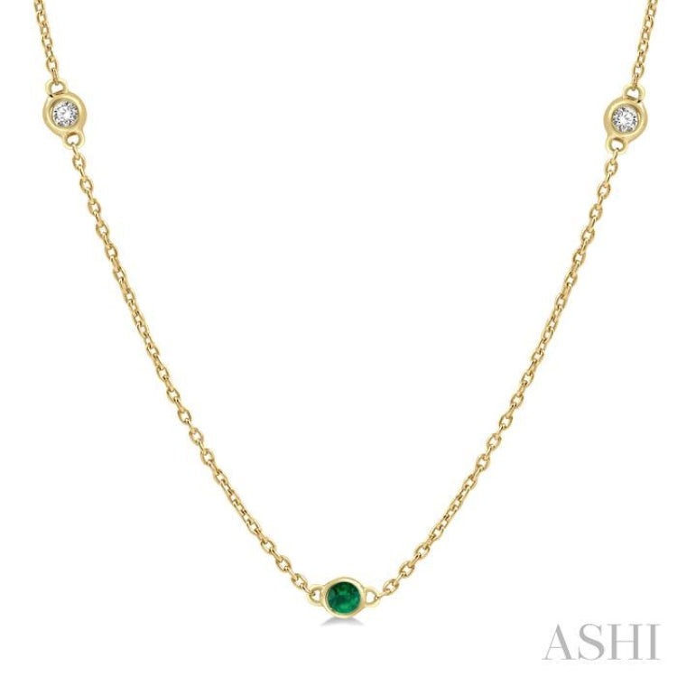1.75 MM Emerald and 1/6 Ctw Round Cut Diamond Precious Station Necklace in 14K Yellow Gold 1.75 MM Emerald and 1/6 Ctw Round Cut Diamond Precious Station Necklace in 14K Yellow Gold